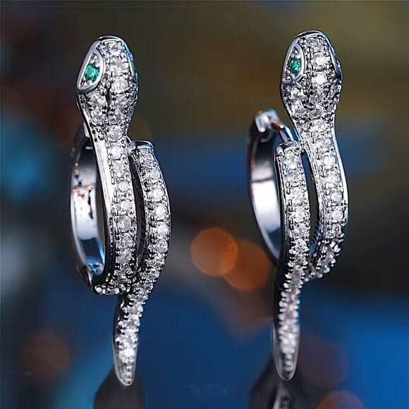 White Green Zircon Stone Snake Hoop Earrings Silver Wedding Jewelry For Women - Picture 1 of 13